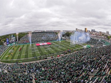 The Saskatchewan Roughriders take the field in a gamd against the Winnipeg Blue Bombers at the Labour Day Classic held at Mosaic Stadium in Regina, Sask. on Sunday Sept. 4, 2016.