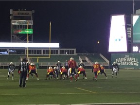 The Sheldon-Williams Spartans, red, meet the Balgonie Greenall Griffins in a Regina Intercollegiate Football League Stewart Conference semifinal on Thursday at Mosaic Stadium. Jayden Lorenz, 7, is the Sheldon quarterback.