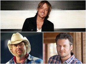 Toby Keith (clockwise from bottom left), Keith Urban and Blake Shelton will be the headliners for the 2017 Country Thunder Saskatchewan festival.