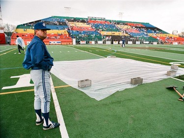 Toronto Blue Jays manager Jimy Williams inspects the field before a May 11, 1989 exhbition game against the National Baseball Institute Blues at Taylor Field.