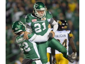 Tyler Crapigna, 21, of the Saskatchewan Roughriders celebrates a game-winning field goal against the visiting Hamilton Tiger-Cats on Sept. 24.