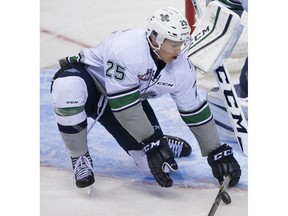 Seattle Thunderbirds defenceman Ethan Bear, shown in action last season, had a goal and two assists Sunday in a 6-3 WHL loss to the host Regina Pats.