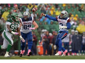 Montreal Alouettes quarterback Vernon Adams Jr., releases a pass Saturday against the Saskatchewan Roughriders.