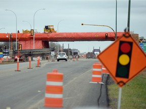 The temporary traffic signals at the intersection of Highway 1 and 48  in White City .