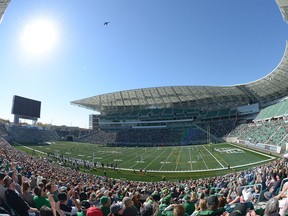 A jet does a fly-by before the University of Regina Rams' Oct. 1 home game against the University of Saskatchewan Huskies at new Mosaic Stadium.