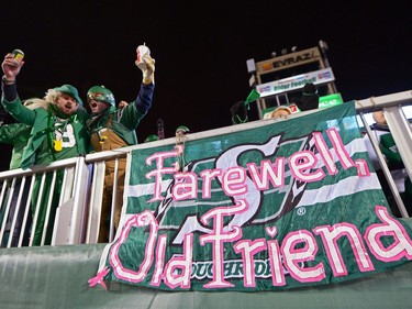 Fans celebrate during the last CFL game at old Mosaic Stadium in Regina, Sask. on Saturday Oct. 29, 2016. MICHAEL BELL