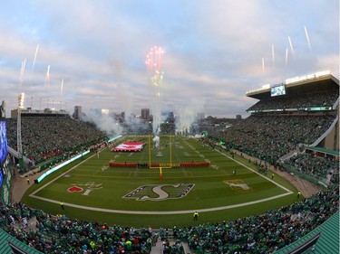 Fireworks celebrate the start of the last CFL game at old Mosaic Stadium in Regina, Sask. on Saturday Oct. 29, 2016. MICHAEL BELL