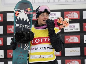 Mark McMorris of Regina celebrates Saturday's World Cup big air victory in South Korea.