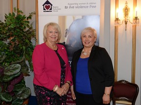 Lieutenant Governor Vaughn Solomon Schofield, left, and Lani Elliott at Government House in May 2016, at a celebrate the 40th year of Regina Transition House