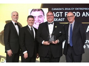 Murad Al-Katib, president and CEO of AGT Food and Ingredients of Regina, was named 2016 Canada  EY Entrepreneur of the Year. From left to right: Francois Tellier, Growth Markets Leader and national EY Entrepreneur of the Year program director; Trent Henry, chairman and CEO, EY Canada; Murad Al-Katib; and Michael Donovan, executive chairman, DHX Media and 2015 Canada EY Entrepreneur of the Year winner. Credit: EY Entrepreneur of the Year program.