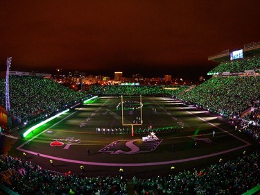 Gainer enjoys the spot light during the closing ceremony to mark the last CFL game at old Mosaic Stadium in Regina, Sask. on Saturday Oct. 29, 2016. MICHAEL BELL