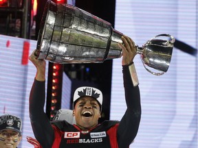 Henry Burris of the Ottawa Redblacks celebrates Sunday's Grey Cup victory.