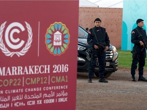 Moroccan security forces stand guard during the COP22 international climate conference  Nov. 7-18, 2016 in Marrakesh, Morocco.