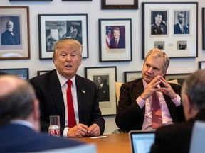 President-elect Donald Trump and New York Times publisher Arthur Sulzberger Jr. (right),  during a meeting with editors and reporters at The New York Times building on Nov. 22.