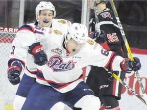 The Regina Pats' Filip Ahl celebrates one of his three goals against the host Moose Jaw Warriors on Thursday at Mosaic Place.