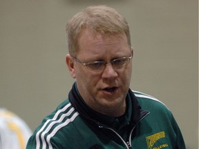 University of Regina Cougars head coach Greg Barthel, shown here in a file photo, might be forced to miss his team's Canada West men's volleyball match Friday due to a knee injury.