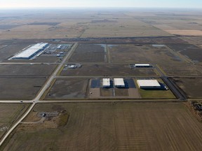 An aerial view of the Global Transportation Hub and surrounding land west of Regina.