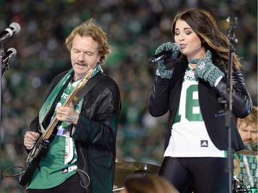 REGINA, SASK :  October 29, 2016  --  Jack Semple, left, and Jess Moskaluke perform at half time in the final Roughrider home game in the old Mosaic Stadium in Regina. TROY FLEECE / Regina Leader-Post