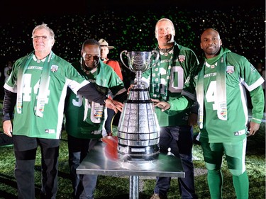 REGINA, SASK :  October 29, 2016  -- Saskatchewan Roughriders legends Roger Aldag, from left, George Reed, Gene Makowsky, and Darian Durant close out the Farewell Season and last ever Roughriders home game at old Mosaic Stadium in Regina. TROY FLEECE / Regina Leader-Post