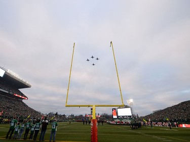 REGINA, SASK :  October 29, 2016  --  The Snowbirds perform a flyover during the national anthem in their last ever home game at old Mosaic Stadium in Regina. TROY FLEECE / Regina Leader-Post