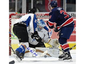 Lane Zablocki of the Regina Pats fights for a loose puck in front of Kootenay Ice netminder Payton Lee during WHL action at the Brandt Centre on Wednesday.