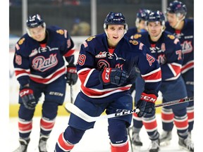 Regina Pats centre Jake Leschyshyn celebrates the first of nine goals by his team Friday night on the way to a 9-6 win over the Saskatoon Blades in WHL action at the Brandt Centre.