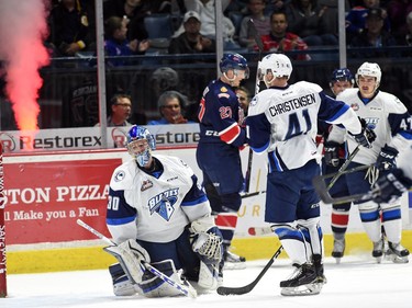 Saskatoon Blades goalie Brock Hamm looks dejected after being scored on by Austin Wagner with the Regina Pats during a Western Hockey League game at the Brandt Centre in Regina.