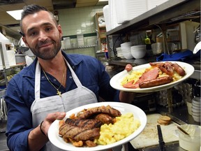 Perry Makris of Nicky's Café with Italian sausage and eggs and Nicky's slam breakfast.