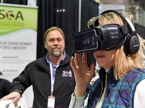 Scott Sakatch (L) with the Saskatchewan Cattleman's Association setup Cheryl Rosom, from McLean, SK with the virtual reality farm tour, at the SCA booth located in the Food Pavilion at the Canadian Western Agribition in Regina.