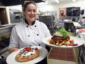 Breakfast Bistro/ Luna  executive chef Tiffani McBee holds a menu item from each restaurant.