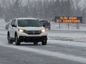 Ring Road traffic near the Assiniboine Avenue flyover in Regina being warned about icy road conditions.