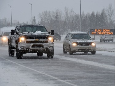 Ring Road traffic near the Assiniboine Avenue flyover in Regina being warned about icy road conditions.