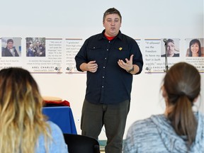 Ryan McMahon, First Nation comedian and podcast host, speaking to students at the First Nations University of Canada in Regina.