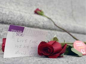 A poignant note on the downtown cenotaph in Regina, where a service will be held on Friday. Another takes place at Evraz Place's Brandt Centre.