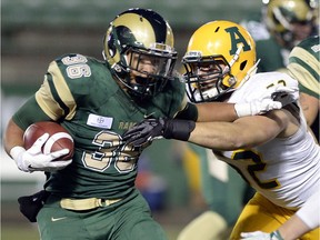 University of Regina tailback Atlee Simon, shown here in a file photo, and his Rams teammates are set to open the Canada West playoffs Saturday.