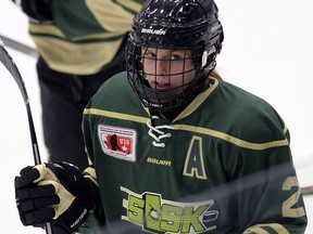 Brooke Hobson of Prince Albert, shown playing defence for Team Saskatchewan at the Canadian women's under-18 hockey championship, is destined for Northeastern University in Boston on an athletic scholarship.