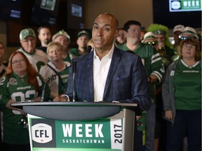 Surrounded by Saskatchewan Roughriders fans, CFL commissioner Jeffrey Orridge was in Regina on Tuesday to announce the inaugural CFL Week, March 20-26 in the Queen City.