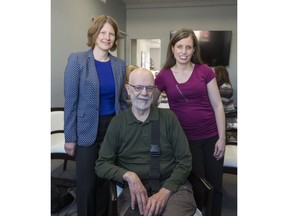 MS Researchers (L-R) Dr. Katherine Knox, associate professor in the Department of Physical Medicine and Rehabilitation in the College of Medicine at the U of S, MS patient Rob Loewan and Dr. Charity Evans, U of S assistant professor of pharmacy in the College of Pharmacy and Nutrition, are assessing novel approaches to physical exercise with MS patients.