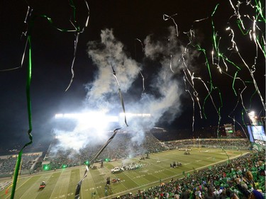 Streamers fall on the crowd during the half-time show of the last CFL game at old Mosaic Stadium in Regina, Sask. on Saturday Oct. 29, 2016. MICHAEL BELL