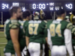 The clock runs out on the University of Regina Rams during their Canada West semifinal against the UBC Thunderbirds on Saturday at Mosaic Stadium.