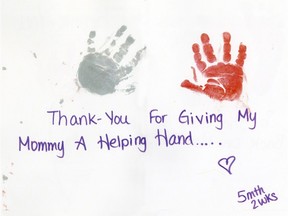 The inside of this thank-you card to SOFIA House features tiny handprints and a note of appreciation from a five-month-old for giving his mother a helping hand.