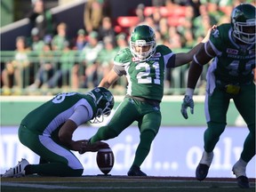 Saskatchewan Roughriders kicker Tyler Crapigna, shown here in a file photo, is the team's nominee for two CFL awards.