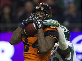 Manny Arceneaux, shown making a reception for the B.C. Lions against the Saskatchewan Roughriders in 2016, is practising with the Green and White after recovering from a knee injury.
