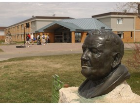 The Bust of Pere Athol Murray sits in Canada Park at the end of Athol Murray Way or Main Street Wilcox.