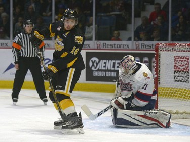 Brandon Wheat Kings forward Tanner Kaspick screens Regina Pats goalie Tyler Brown during a WHL game at the Brandt Centre on Tuesday night.