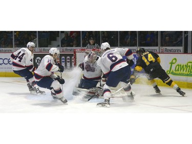 Brandon Wheat Kings forward Ty Lewis, 14, scored a reviewed goal agains the Regina Pats during this play at a game at the Brandt Centre in Regina, Sask. on Tuesday Dec. 27, 2016.