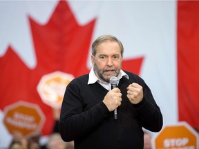 NDP leader Thomas Mulcair speaks at a campaign rally in London, Ont. on Oct. 4, 2015. Columnist Greg Fingas writes that it is important for political progressives to restrain from infighting and focus on what can be achieved through working together.