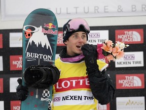 Mark McMorris celebrates a first-place finish during a Winter Olympics big-air test event in Pyeongchang-gun, South Korea.