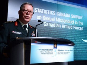 General Jonathan Vance, Chief of the Defence Staff speaks as the Canadian Armed Forces addresses the findings of a Statistics Canada Survey on sexual misconduct in the Canadian Armed Forces during a news conference at National defence headquaters in Ottawa on Monday, Nov. 28, 2016.