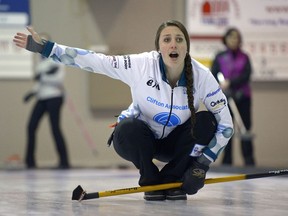 Kaitlyn Jones makes a call during Sunday's action at the Regina Ladies Bonspiel.